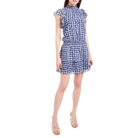 1. State Mock Neck Flutter Mini Dress In Gingham Floral - 29180 - Picture 1 of 12